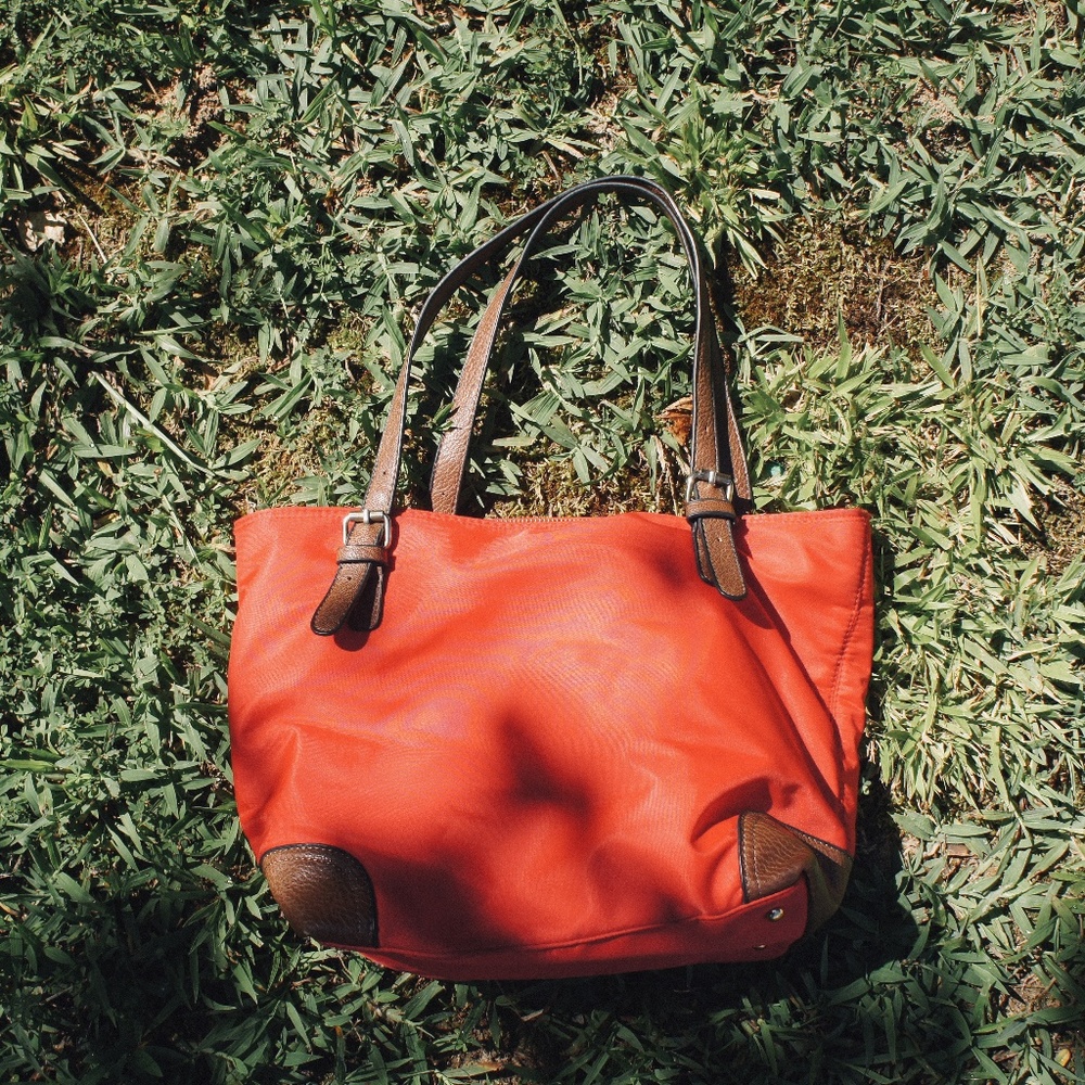 Small Red Tote with Brown Leather Detailing